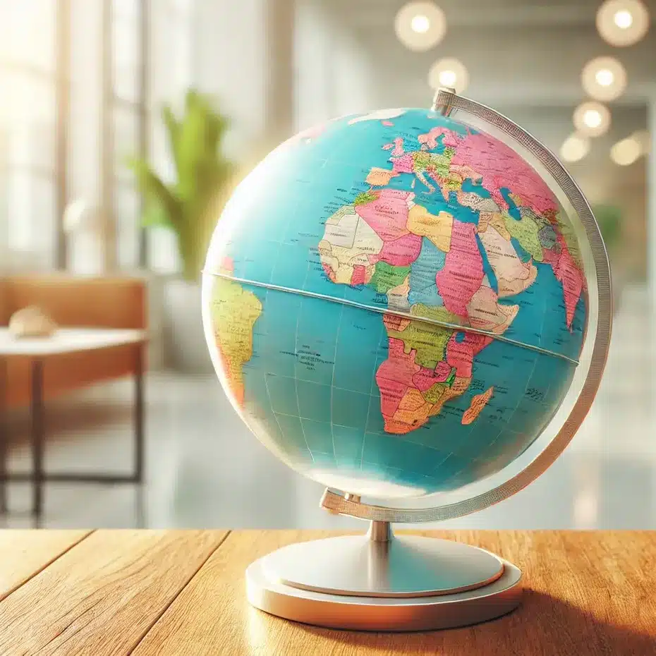 Colourful globe on a desk representing ready-to-go itineraries for solo travellers