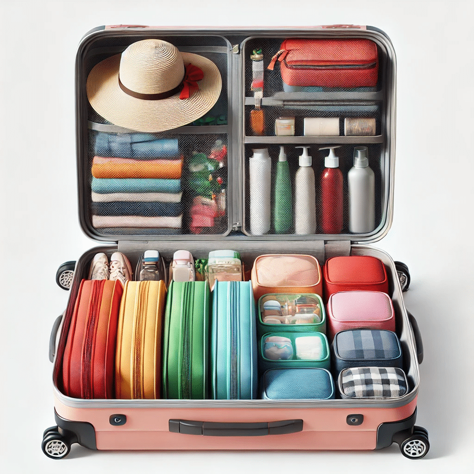 Neatly packed suitcase with colourful packing cubes for solo female travel.