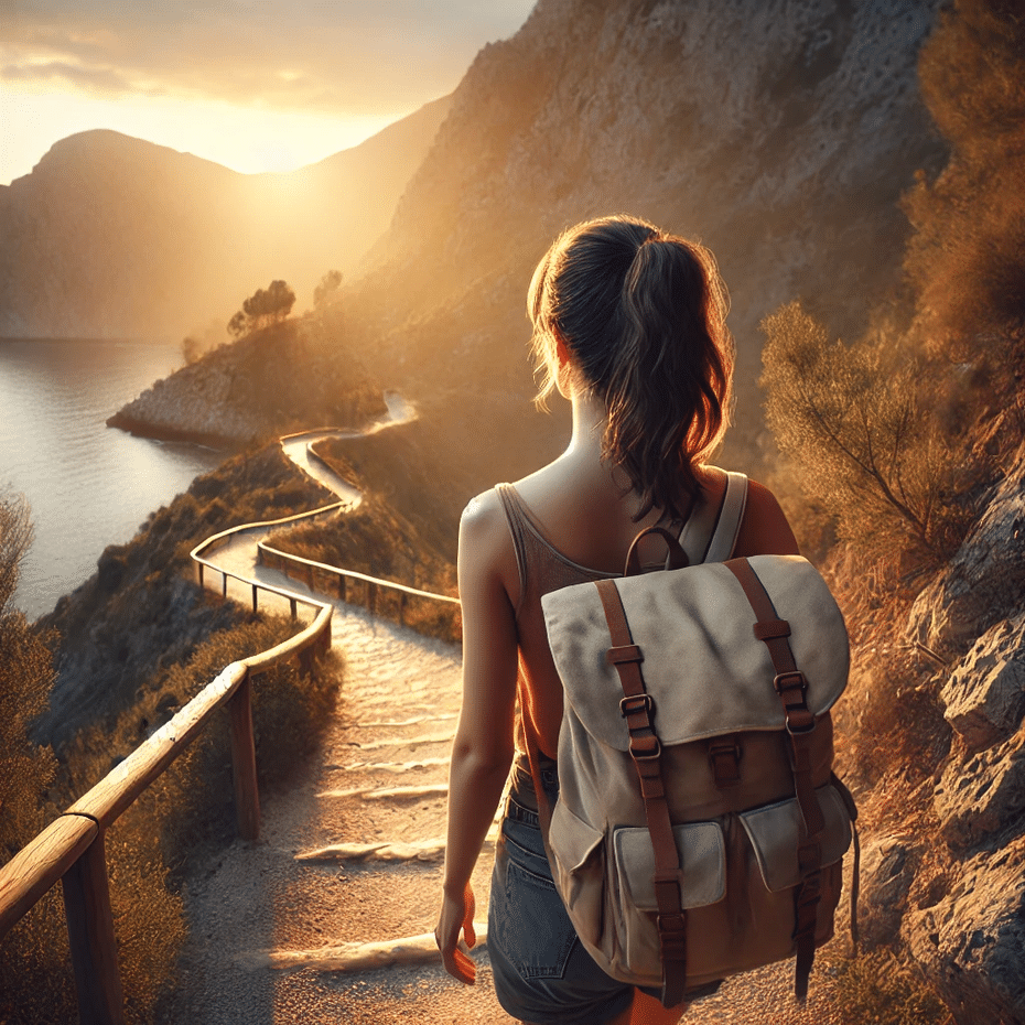 Solo female traveler walking with a backpack, exploring a new destination, with peace of mind from having the nest travel insurance for UK travellers