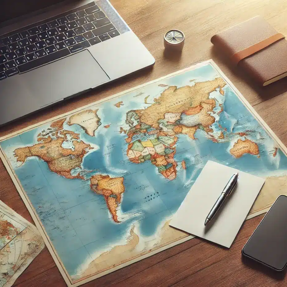 Laptop, notebook, and pen on a world map - representing a custom travel planning service for personalised trip itineraries.