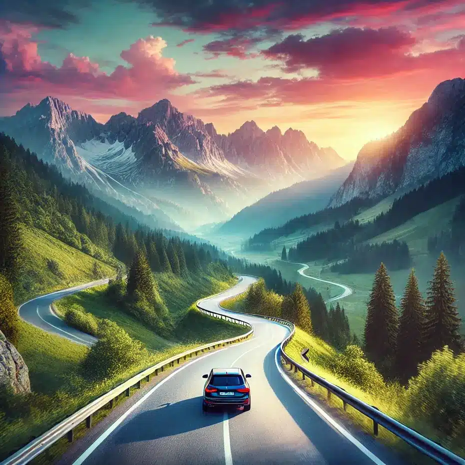 A car driving along a winding mountain road, surrounded by lush greenery and towering peaks, representing the freedom and adventure of planning a solo trip.